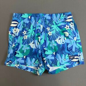 Speedo Mens Swim Trunks Medium Blue Tropical Fish Print Drawstring Beach Shorts